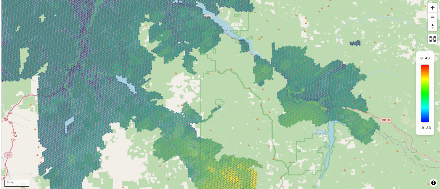 H3 hexagonal geospatial visualization of PROMETHEE risk scores across Oregon